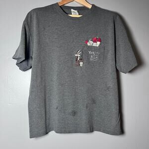 Vintage 90s Warner Bros Looney Tunes Pocket T-Shirt XL Gray Bugs Bunny Tee
